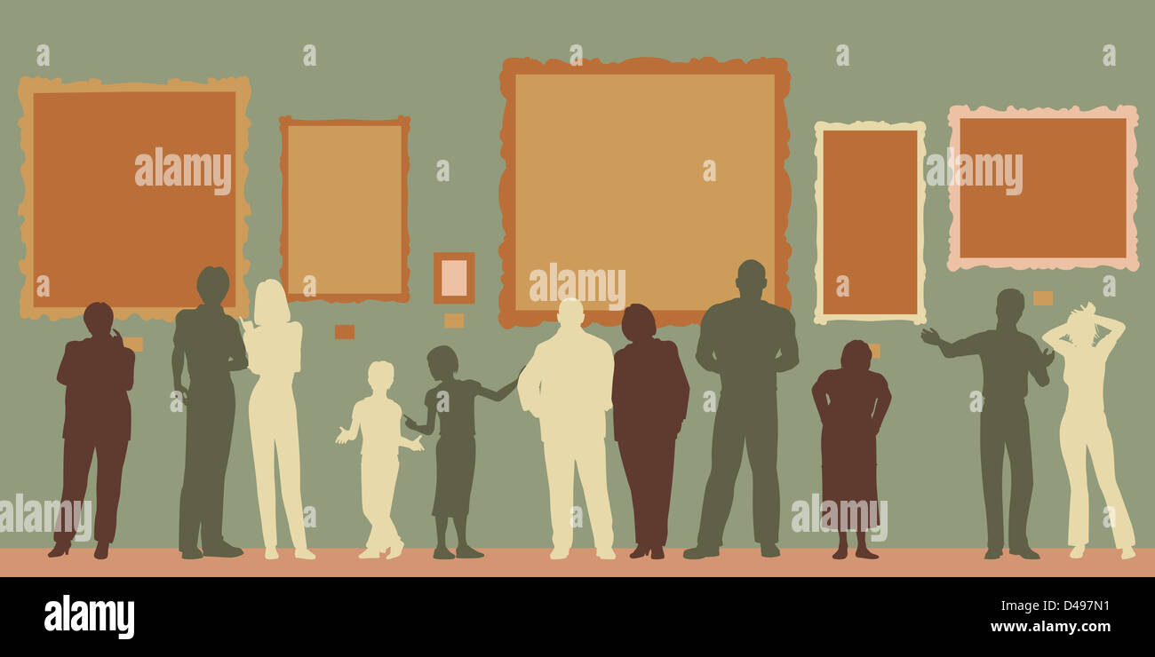 Silhouettes de gens très divers à une galerie d'art ou un musée Banque D'Images