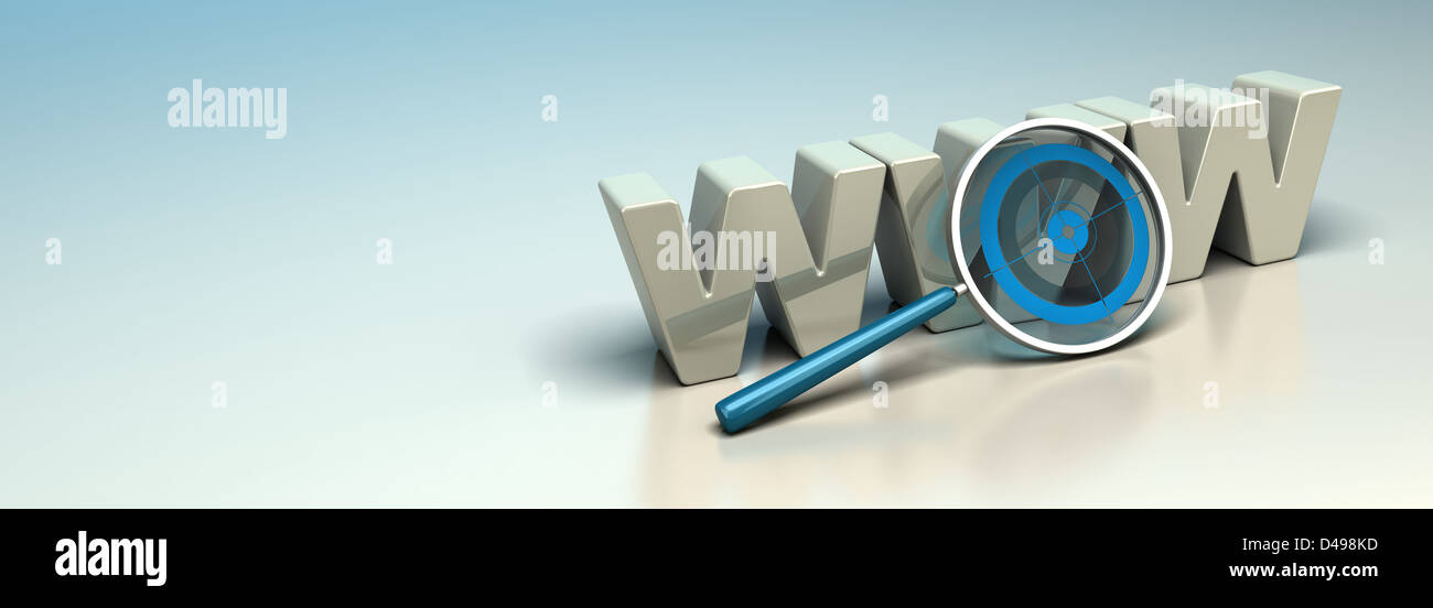 Concept de moteur de recherche, mot www écrit en 3D avec la loupe sur l'avant-plan, arrière-plan bleu et beige Banque D'Images