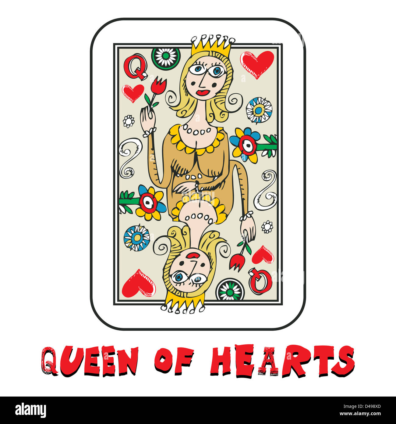 Jeu de cartes dessiné à la main, doodle reine de coeur Banque D'Images