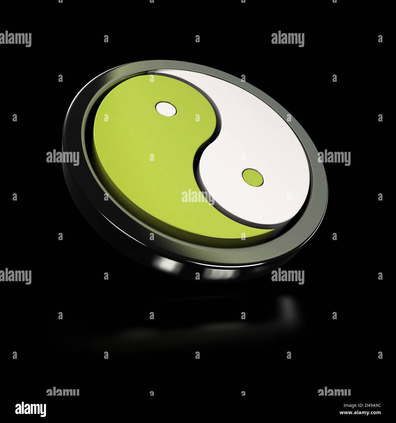 Vert et blanc, symbole Yin Yang sur fond noir avec reflet Banque D'Images