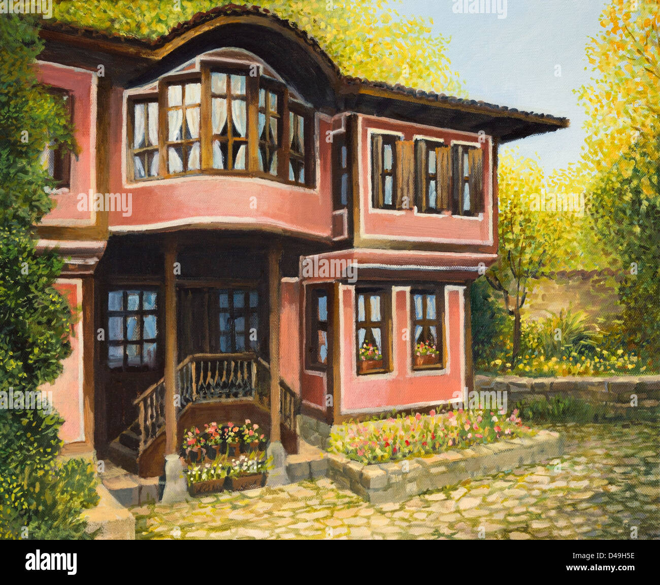 Une peinture à l'huile sur toile d'une ancienne maison rurale traditionnelle en Koprivshtica, la Bulgarie à un jour lumineux pendant le début de l'automne. Banque D'Images