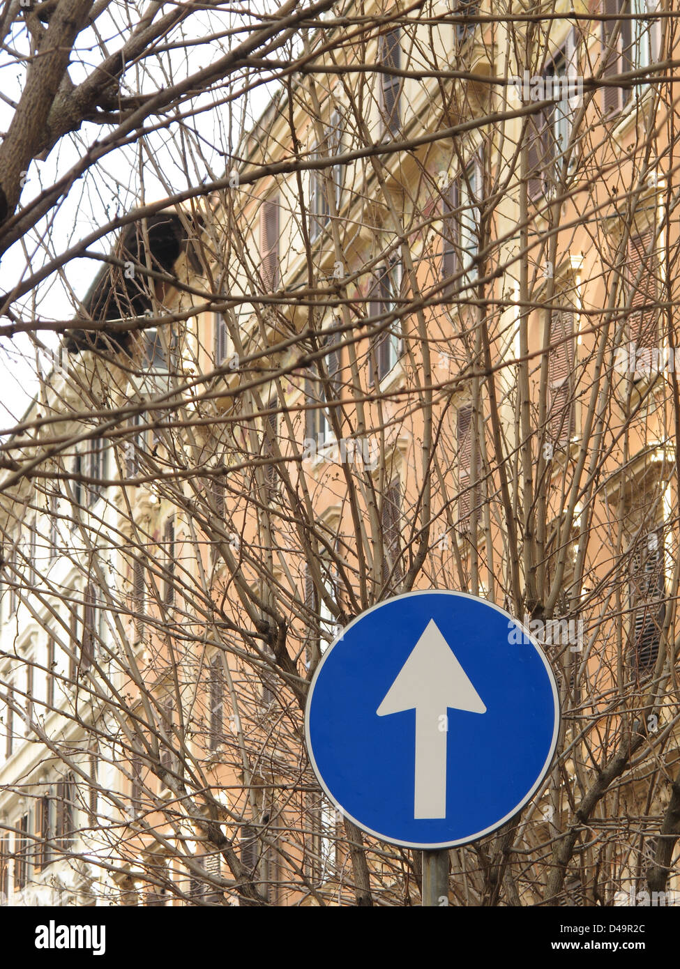 Direction panneau routier avec un arbre et un bâtiment du 19ème siècle, sur l'arrière-plan Banque D'Images