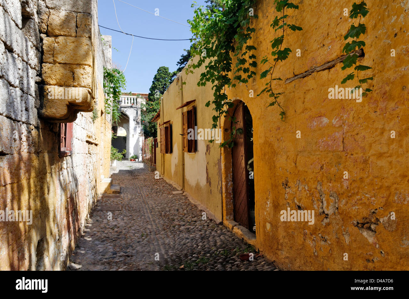 Rhodes. La Grèce. Pierre de galets très étroite ruelle avec des bâtiments en pierre et des surplombs de plantes vertes à l'intérieur de la vieille ville de Rhodes Banque D'Images