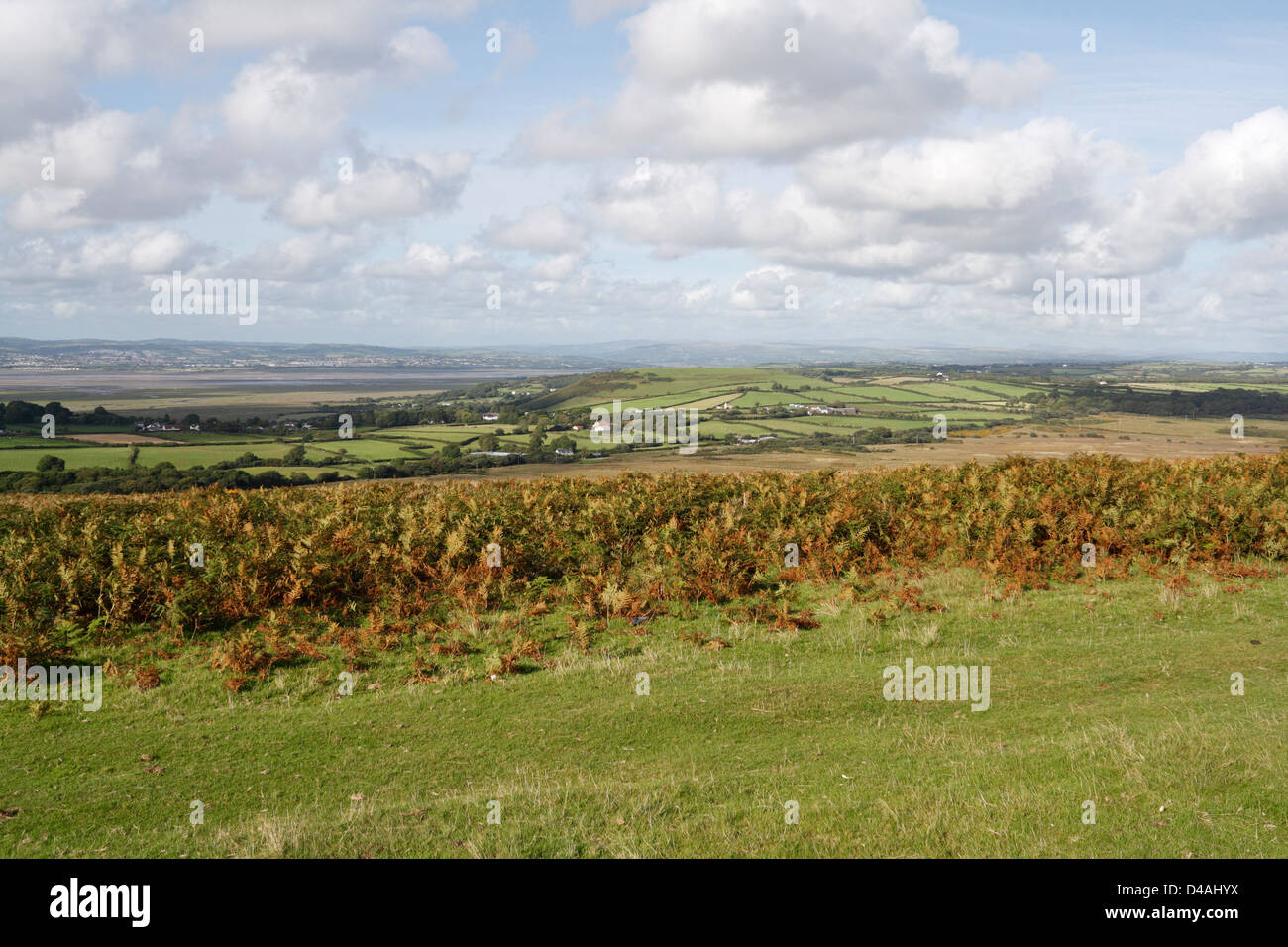 Péninsule de Gower vers l'estuaire de Loughor, près d'Arthurs Stone, pays de Galles UK paysage de campagne galloise, zone de vue panoramique de beauté naturelle Banque D'Images