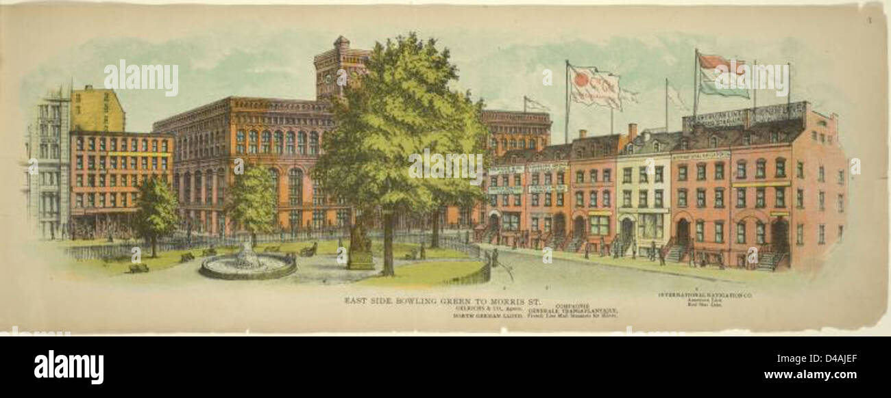 Cette image de 1899 montre les bâtiments le long de Broadway, de Bowling Green à Morris Street à New York, offrant un aperçu du paysage architectural de Manhattan à la fin du XIXe siècle. Banque D'Images