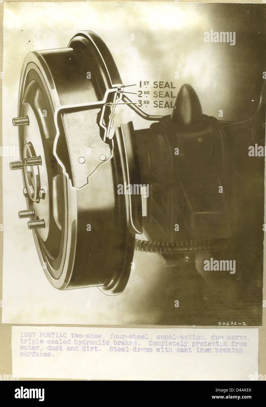 Une publicité de 1937 mettant en vedette le système de freinage double servo à deux patins et quatre roues, à action égale, une caractéristique clé de la technologie automobile Pontiac à l'époque. Banque D'Images