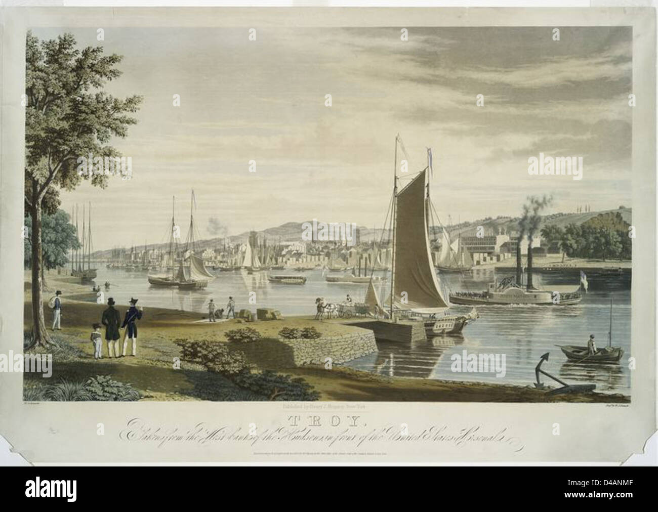 Une photographie de Troy, New York, prise en 1838 depuis la rive ouest de l'Hudson. L'image capture des bateaux sur la rivière et le paysage environnant. Banque D'Images