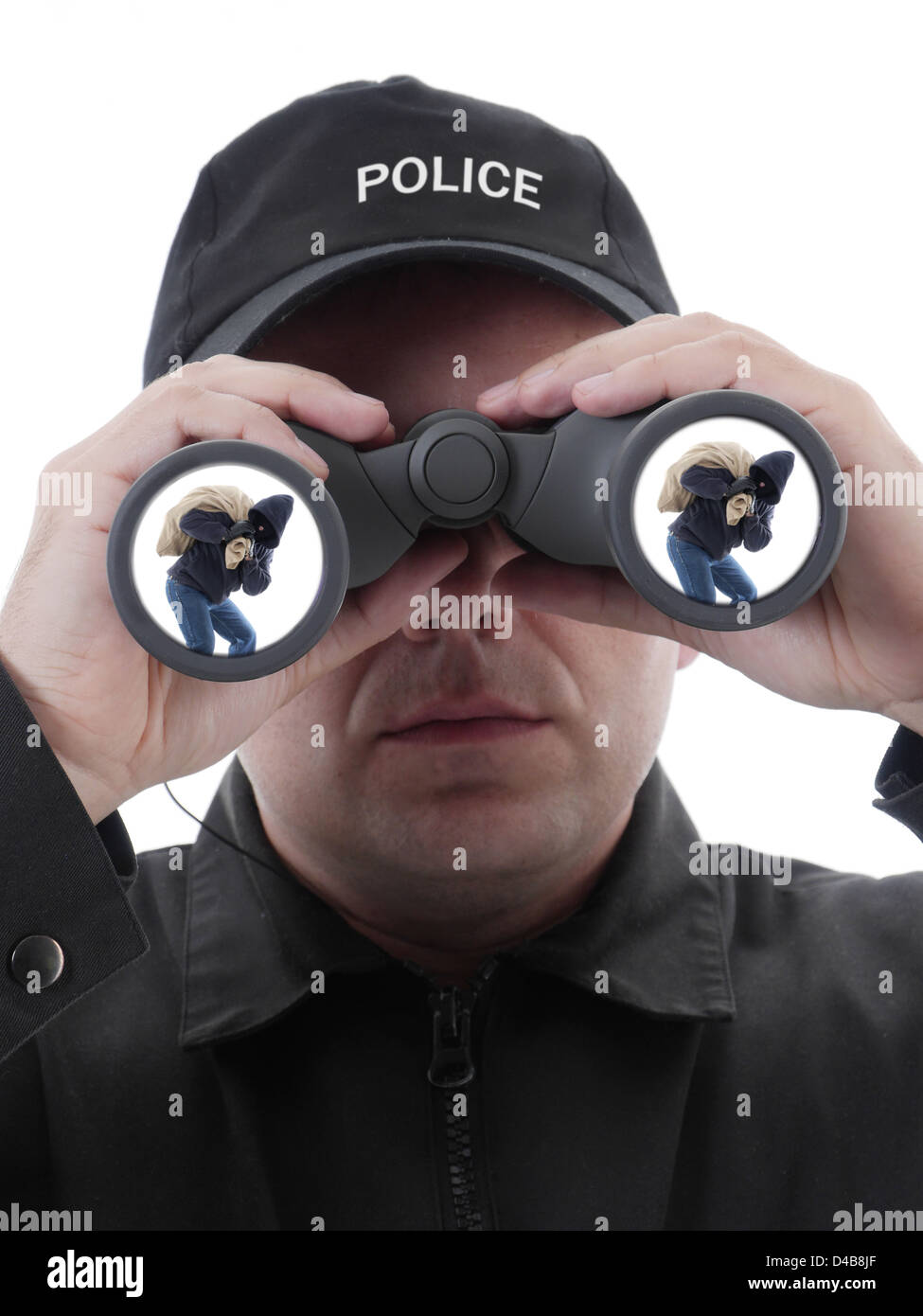 Spotting policier cambrioleur masqué par un vol de sac de choses, grâce à des jumelles, conceptuel shot on white Banque D'Images