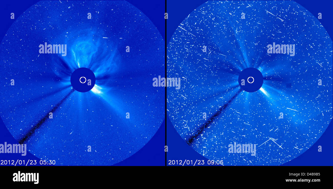 Une tempête majeure de particules solaires, résultant d'une éruption solaire et d'une éjection de masse coronale (CME), a touché la Terre. L'événement a provoqué des perturbations dans les systèmes de communication et de navigation, mettant en évidence les effets de la météo solaire sur la technologie terrestre. Banque D'Images