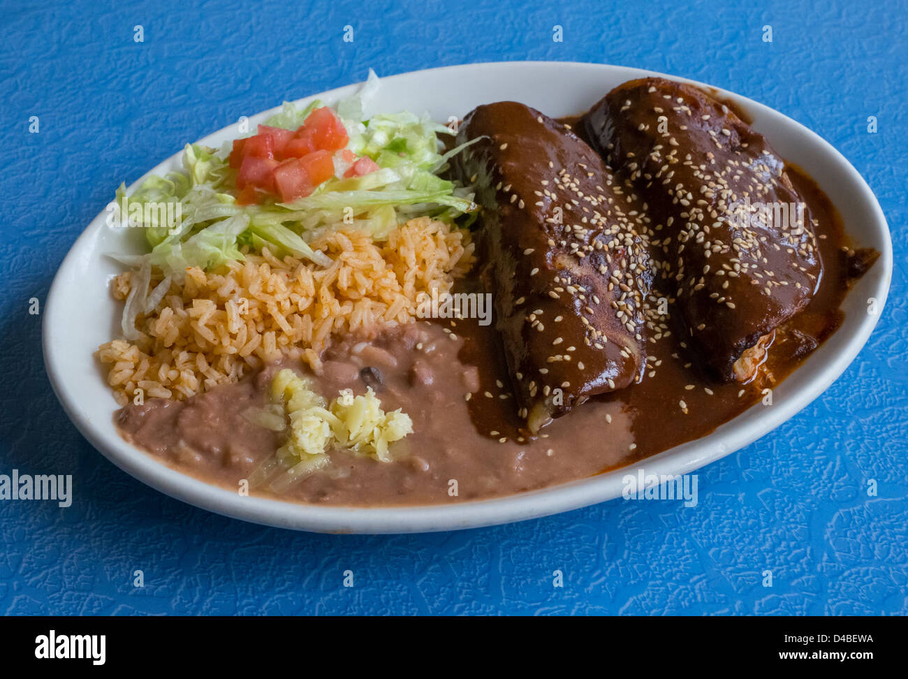 Les enchiladas mole avec du poulet, fromage, salade, riz et haricots Banque D'Images