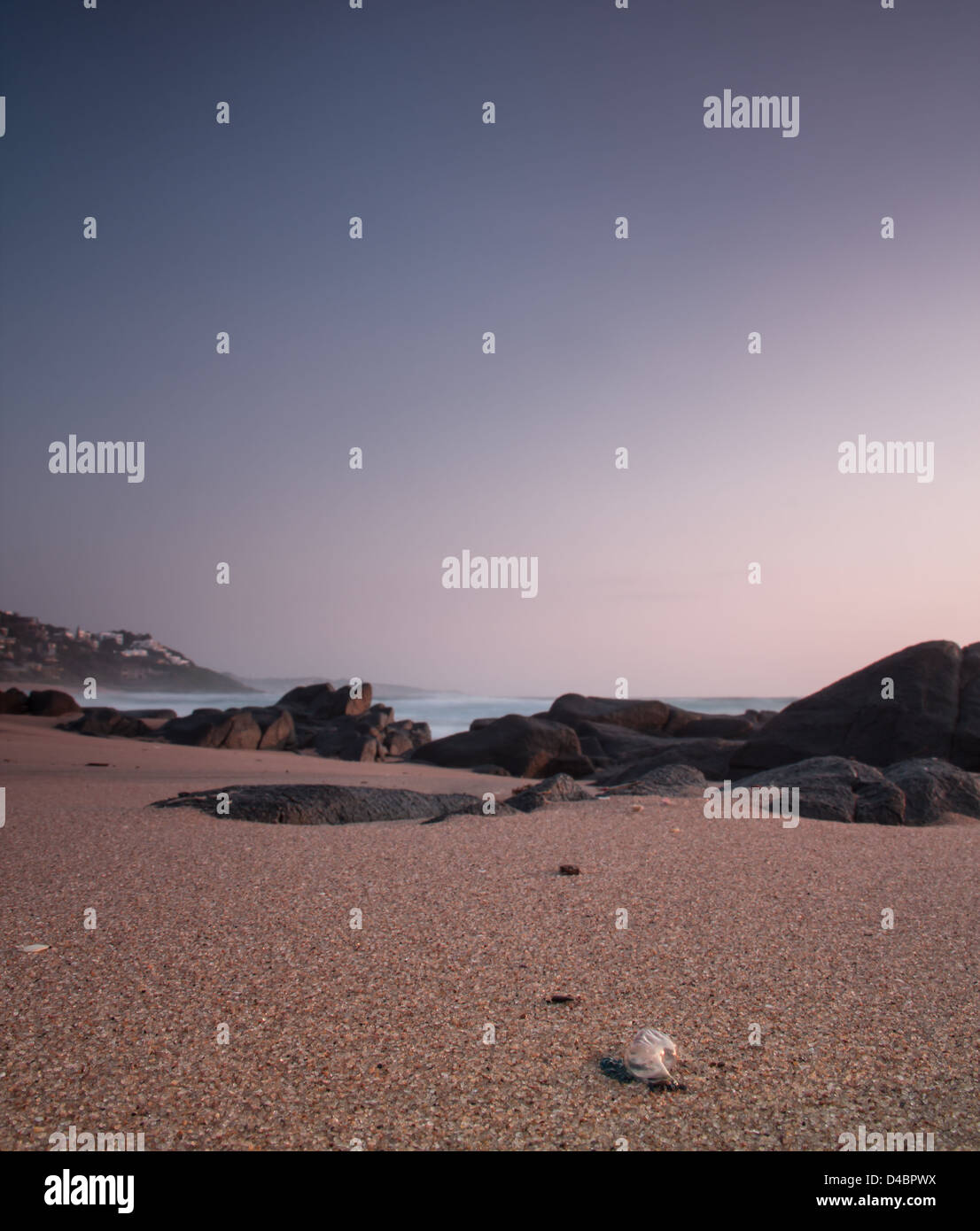 Une photographie d'une plage de la côte est, avec une bouteille bleue au premier plan. Rochers, plage de l'océan et maisons en arrière-plan Banque D'Images