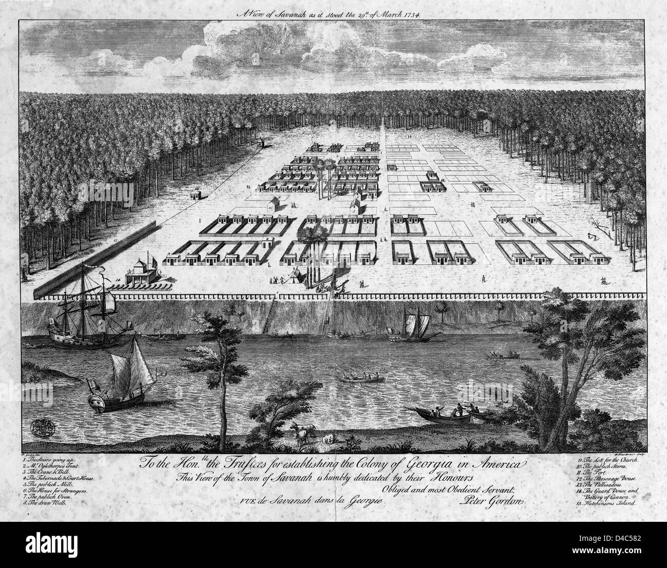 La carte vue de Savannah en l'État le 29 mars 1734. Banque D'Images