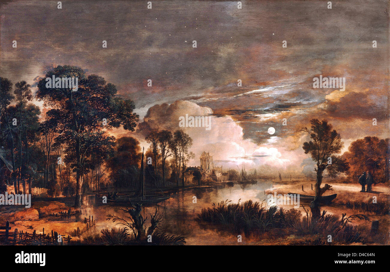 Aert van der Neer paysage au clair de lune, avec une vue sur la rivière Amstel et nouveau château Kostverloren. 1647 Huile sur toile. Banque D'Images