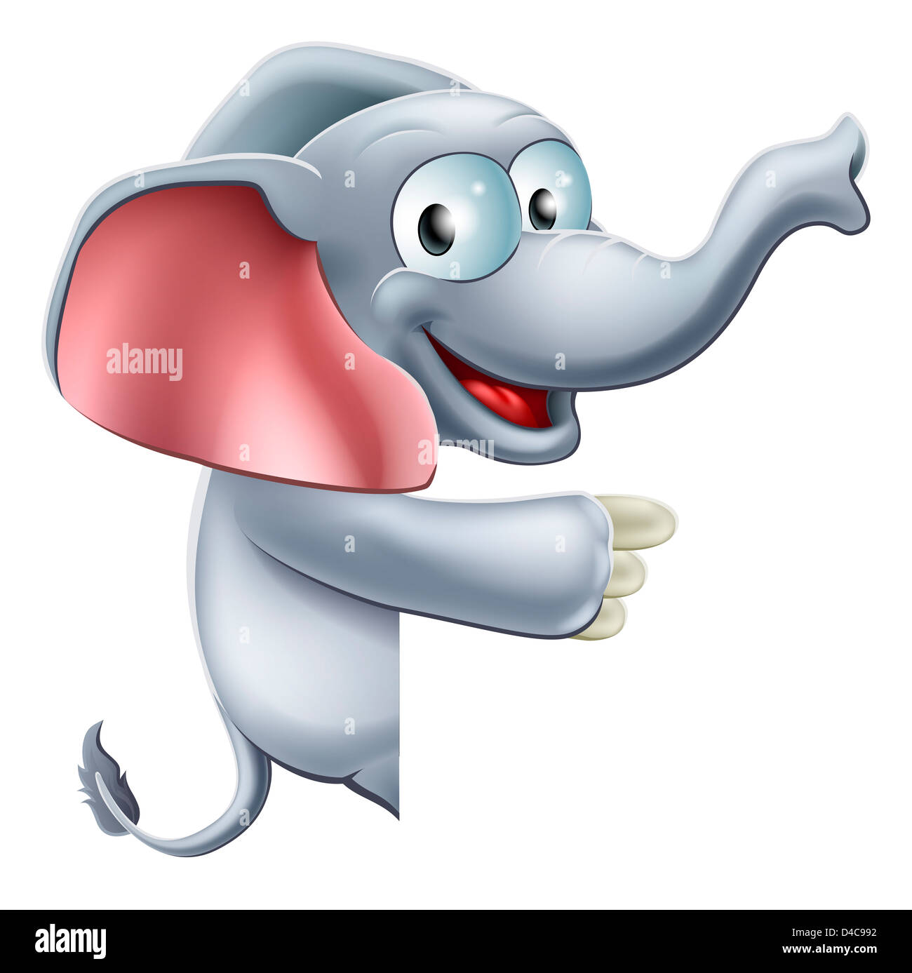 Une illustration d'un mignon happy smiling cartoon elephant peeking autour d'un signe ou d'une bannière et pointant sur elle Banque D'Images