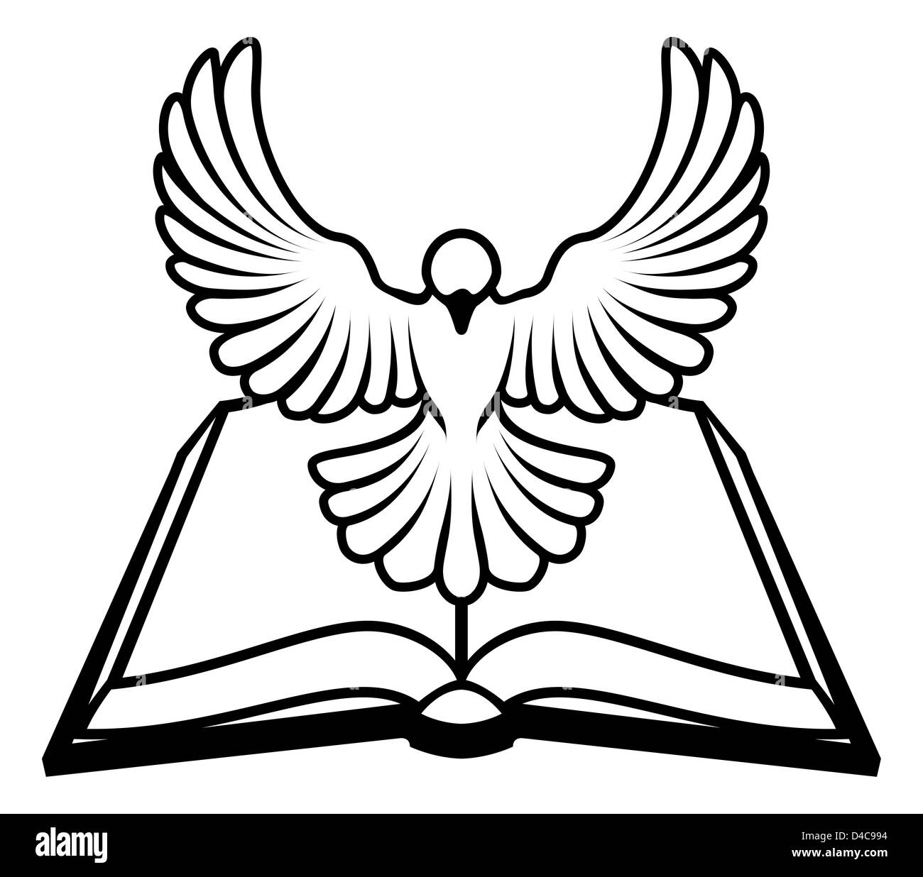 Une Bible chrétienne dove concept, avec une colombe blanche représentant le saint Esprit voler hors de la bible. Banque D'Images