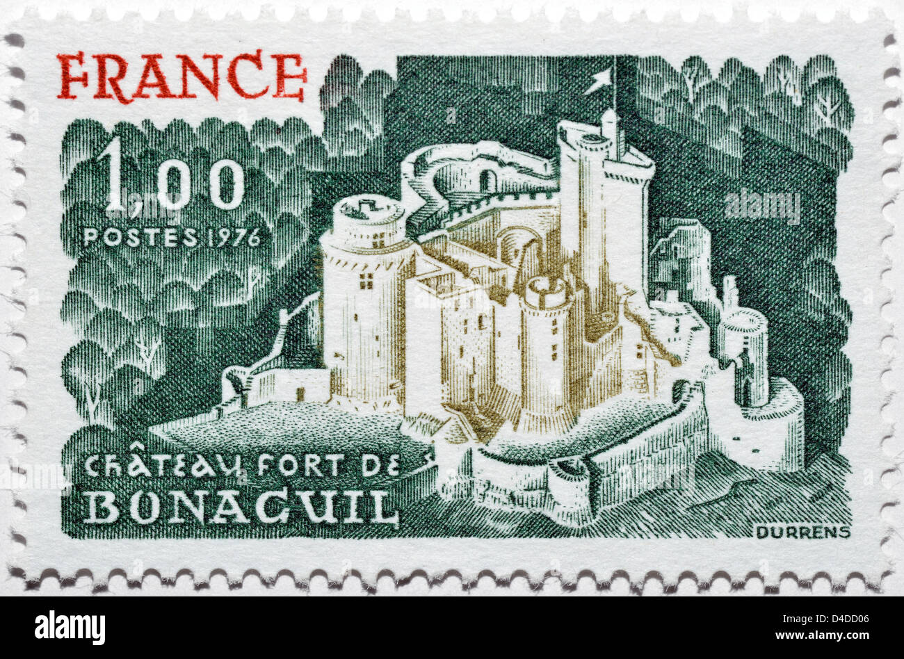 Timbre français avec Château de Bonaguil sur la commune de Saint-Front-sur-Lémance, Lot-et-Garonne, France Banque D'Images