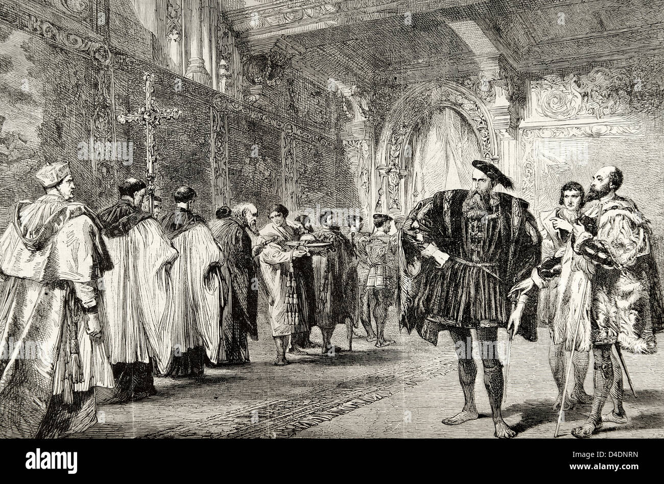 Le Cardinal Wolsey et le duc de Buckingham. La gravure à l'univers illustré, 1863. Banque D'Images