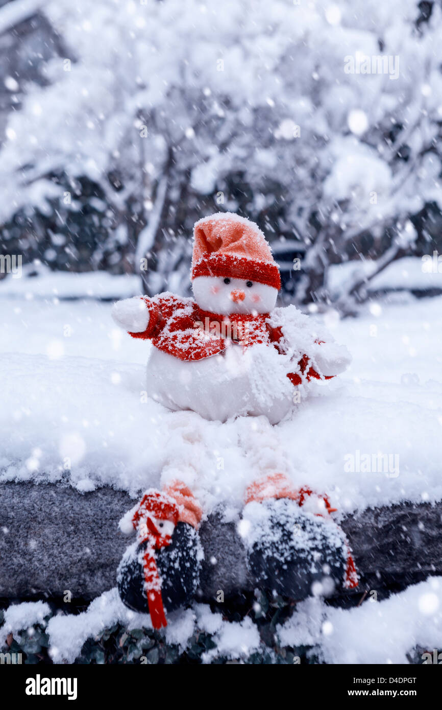 Un bonhomme recouvert de neige dans une tempête de neige Banque D'Images