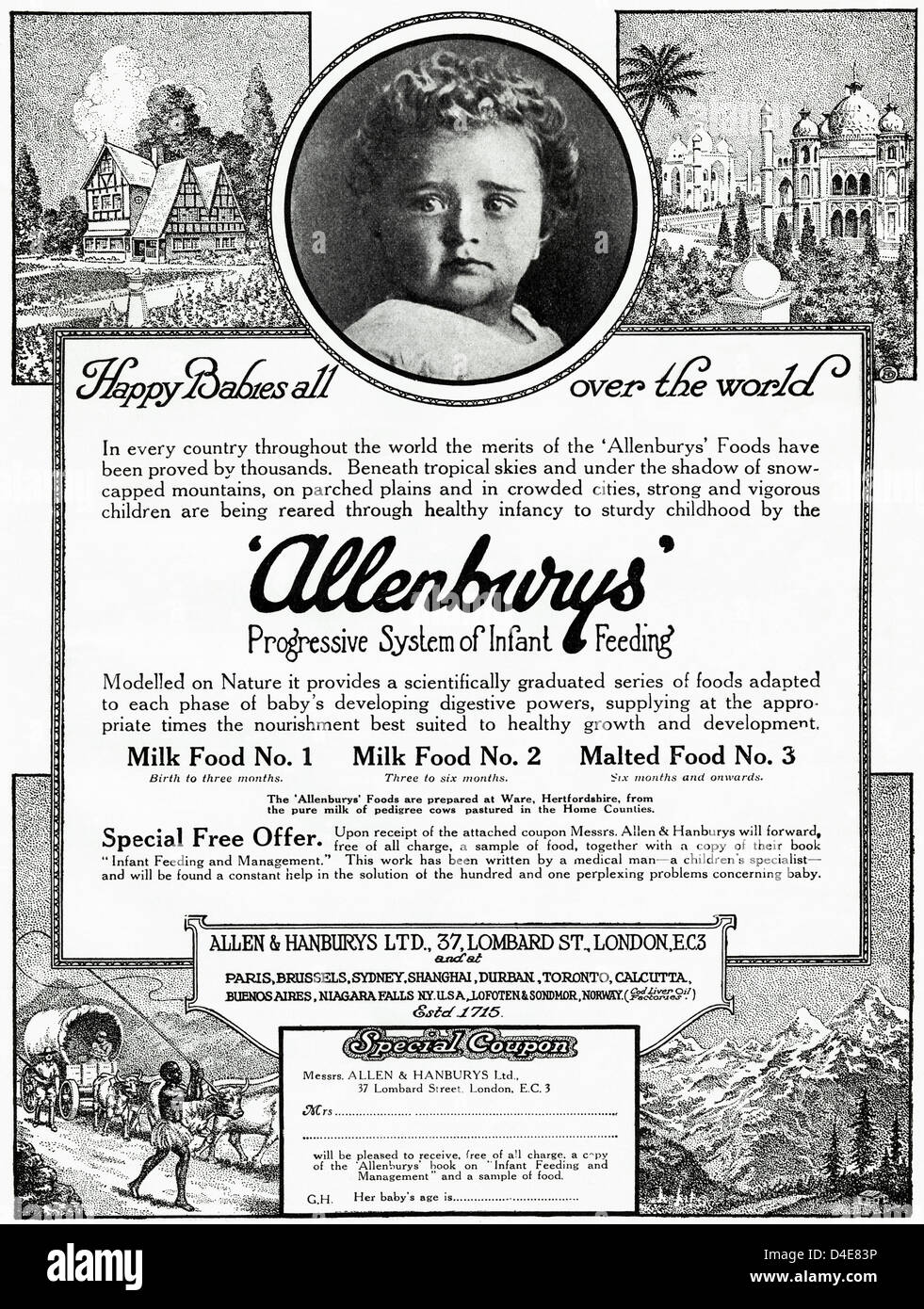 L'ère des années 1920 vintage publicité imprimer à partir de la publicité dans les magazines anglais ALLENBURYS système d'alimentation du nourrisson nourriture lait Banque D'Images