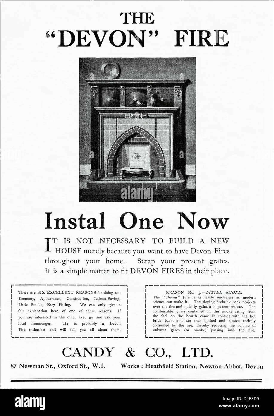 L'ère des années 1920 vintage publicité imprimer à partir de la revue anglaise THE DEVON publicité FIRE par Candy & Co de Newton Abbot Banque D'Images