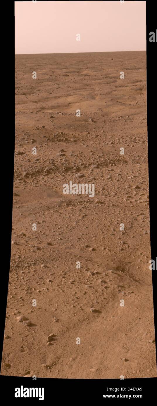Un document de l'image brute Mars Phoenix Lander montrant la surface de Mars par liaison descendante à la salle de contrôle de la NASA Jet Propulsion Laboratory, à Pasadena, Californie, USA, 25 mai 2008. La mission Phoenix va étudier l'histoire de l'eau dans l'arctique martien et à rechercher des preuves d'une zone habitable. Cette image, l'un des premiers capturés par Phoenix Mars Lander de la NASA, spectacles Banque D'Images