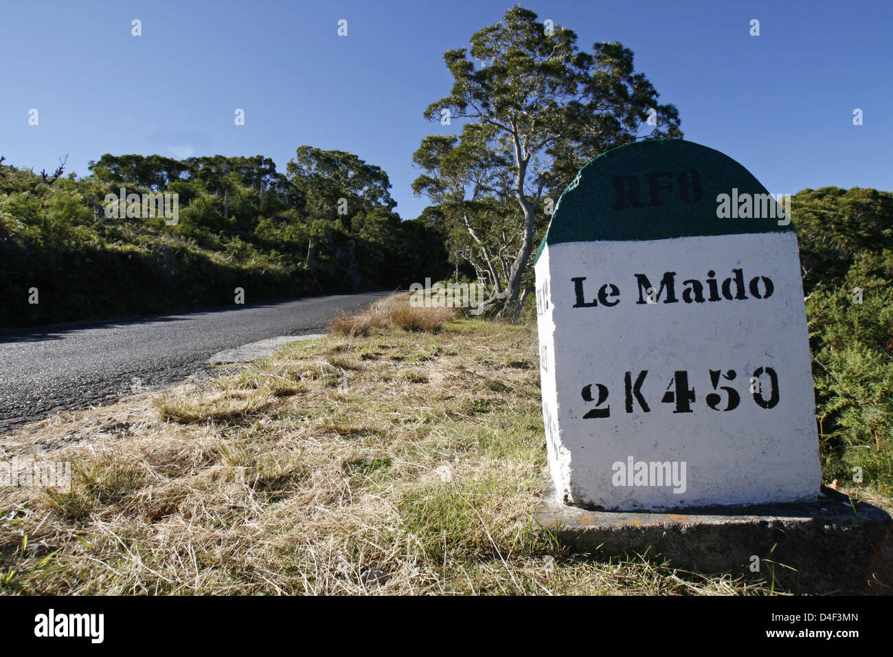 Une marque sur la photo de pierre sur la route de Piton Maido sur la Réunion, France, 14 avril 2008. Photo : Lars Halbauer Banque D'Images