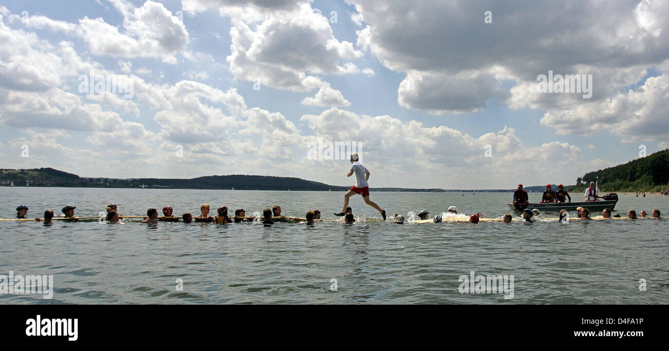 Christoph Haller du sauveteur allemand 'Wasserwacht" traverse un 250 mètres de long pont constitué de 125 panneaux de coffrage détenus par 800 nageurs à la 'Brombach lac' à Pleinfeld, Allemagne, 21 juin 2008. Le jeune homme de 18 ans a établi un record avec son eau-run. L 'Wasserwacht" de la Croix-Rouge allemande (DRK) va essayer de trouver une entrée dans le Livre Guinness des Records. Photo : Daniel K Banque D'Images