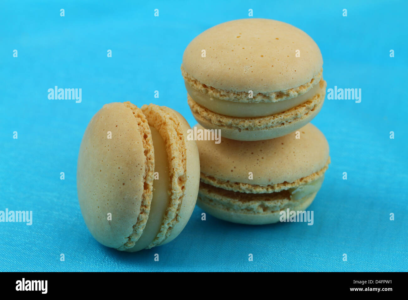 Macarons à la vanille sur fond bleu Banque D'Images
