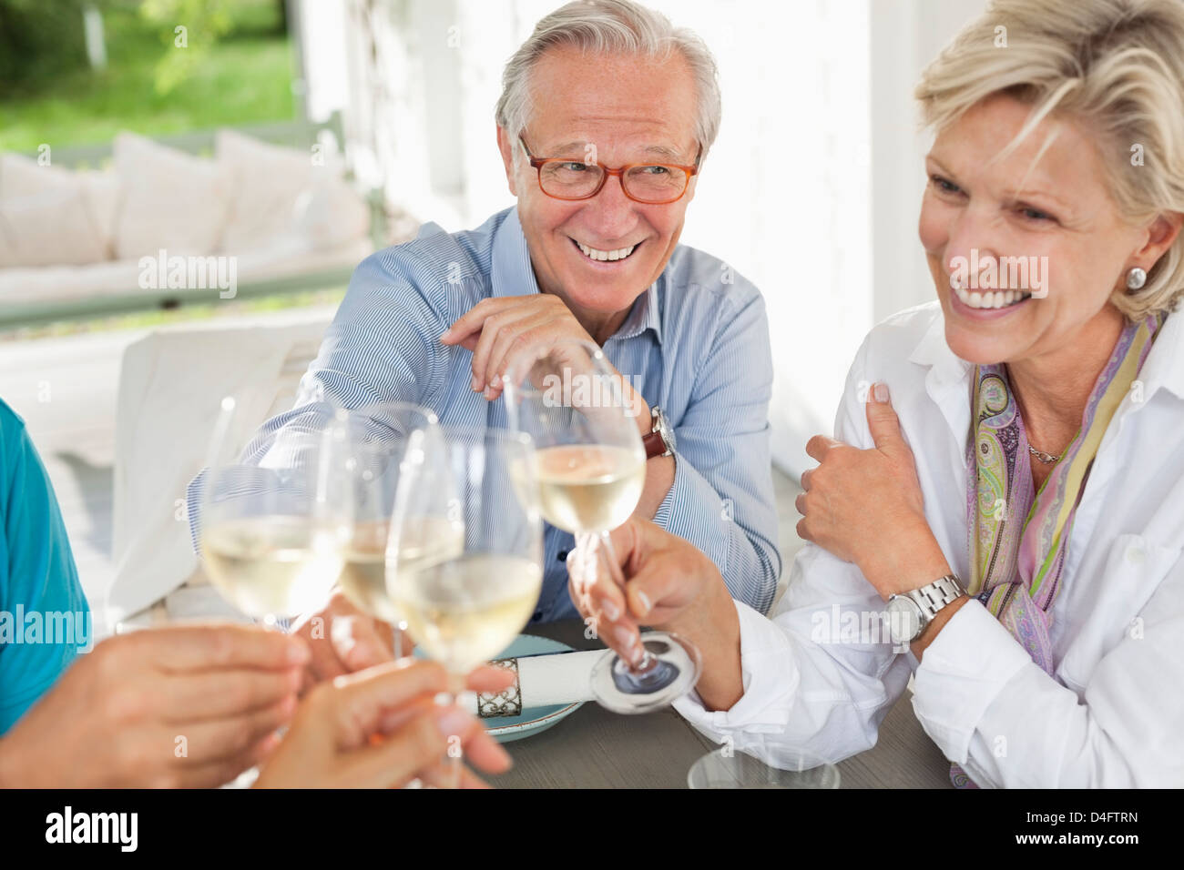 Friends toasting each other with wine Banque D'Images