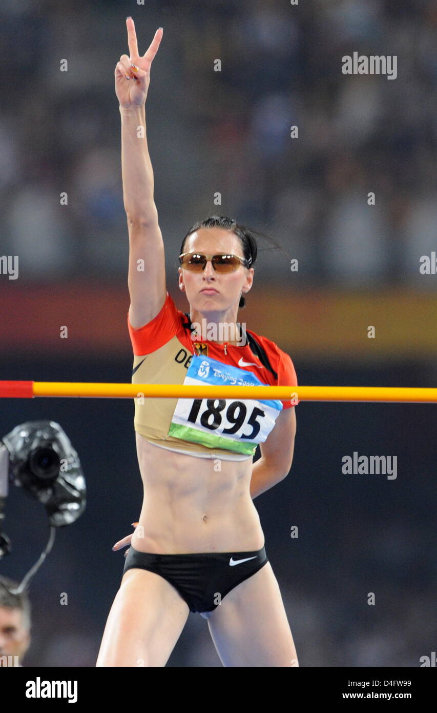 Ariane Friedrich d'Allemagne en compétition lors de la finale du saut en hauteur femmes dans le Track & Field events dans le Stade National des Jeux Olympiques de 2008 à Beijing, Beijing, Chine, 23 août 2008. Photo : Bernd Thissen # # # # # #  dpa Banque D'Images
