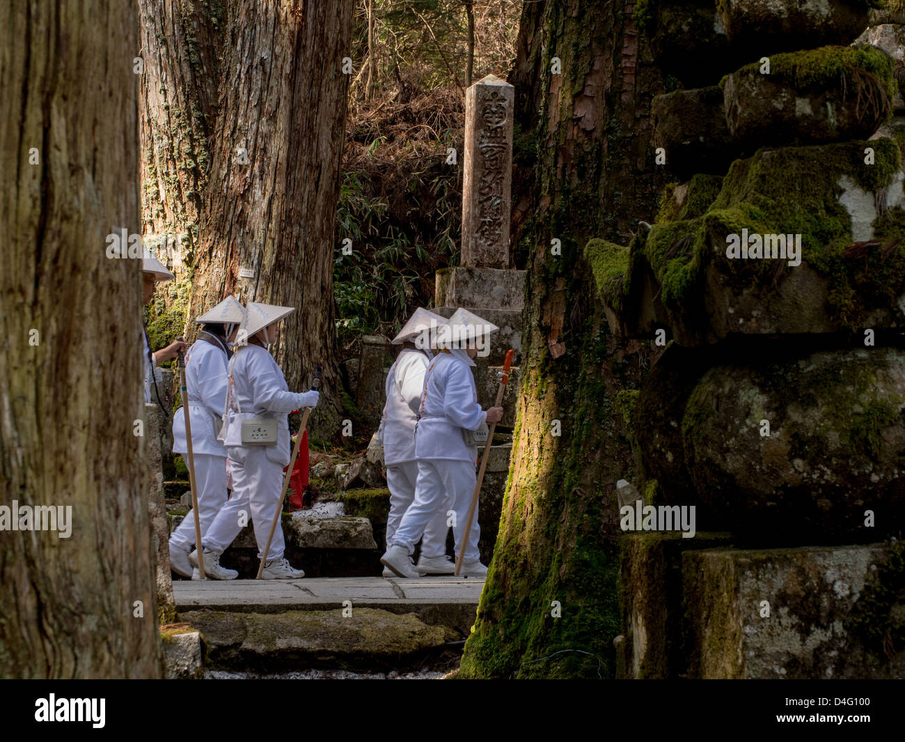Pèlerins en vêtements blancs traditionnels à pied le chemin à travers la forêt au cimetière Okunoin temple, Koyasan, Japon. Banque D'Images
