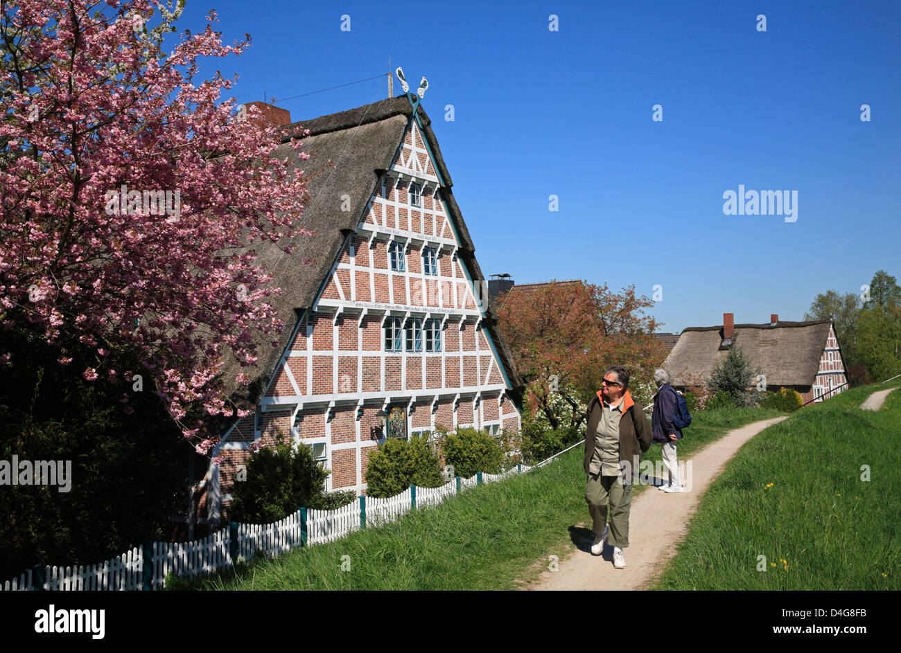 Altes Land, randonneur à l'Alf maison à colombages à fleuve Este, Basse-Saxe, Allemagne Banque D'Images
