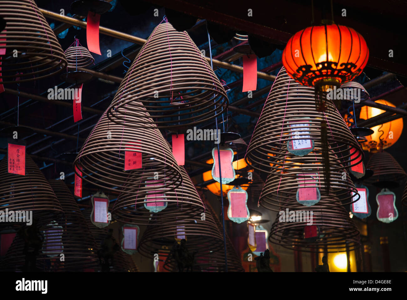 Lové dans la pendaison d'encens Temple Man Mo à Sheung Wan, Hong Kong. Banque D'Images