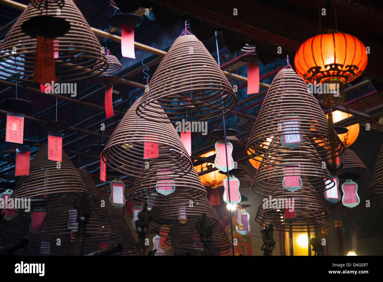 Lové dans la pendaison d'encens Temple Man Mo à Sheung Wan, Hong Kong. Banque D'Images
