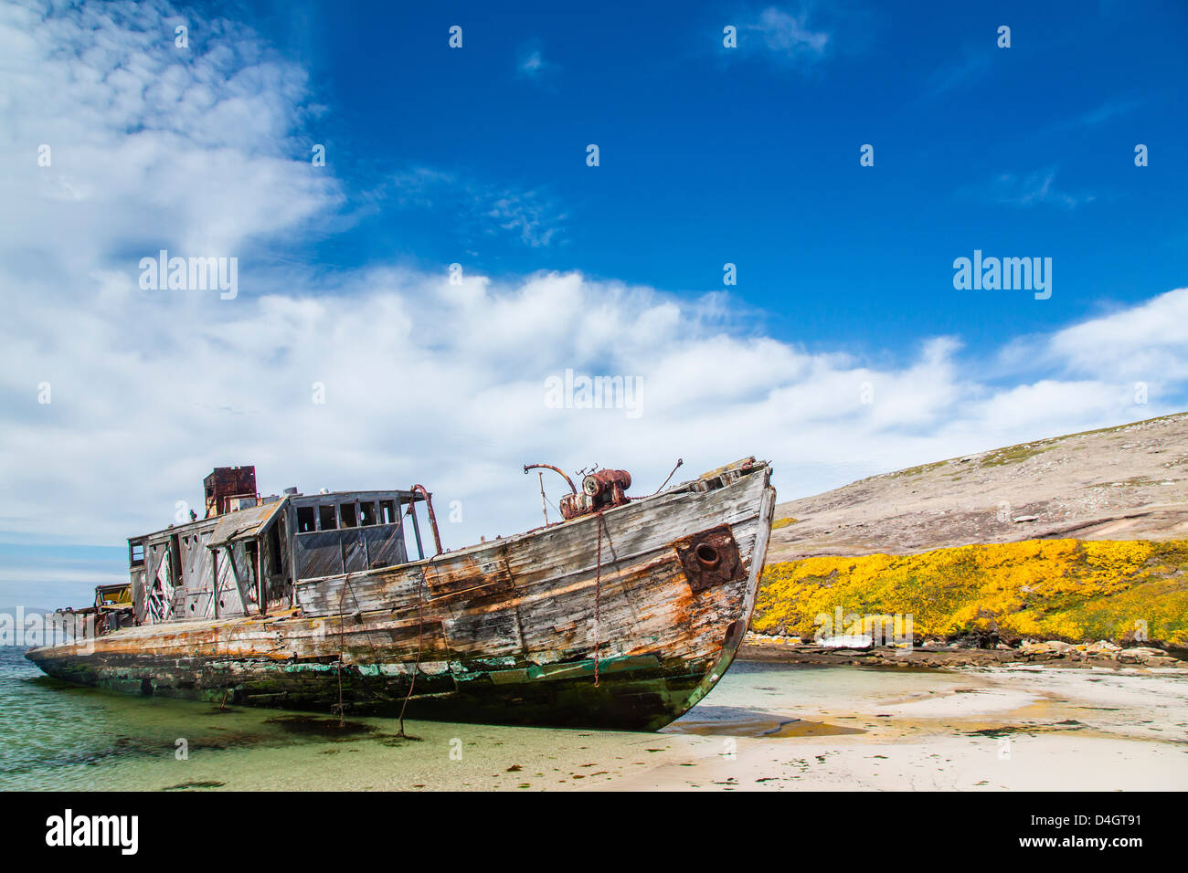 Bateau en bois abandonnés sur l'île nouvelle, Îles Falkland, Sud de l'océan Atlantique, l'Amérique du Sud Banque D'Images