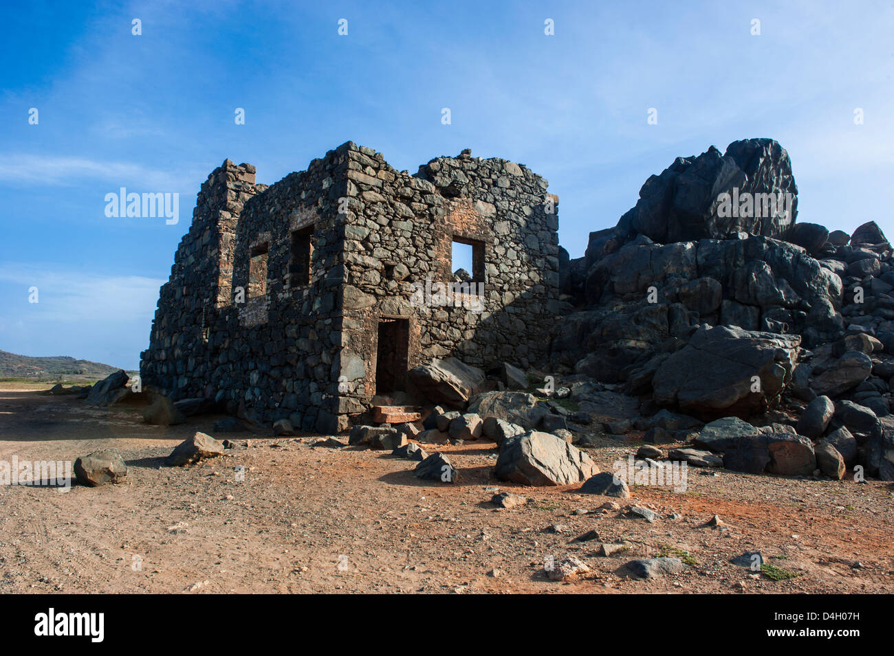 Ruines de la mine d'or de Bushiribana à Aruba, îles ABC, Netherlands Antilles, Caraïbes Banque D'Images