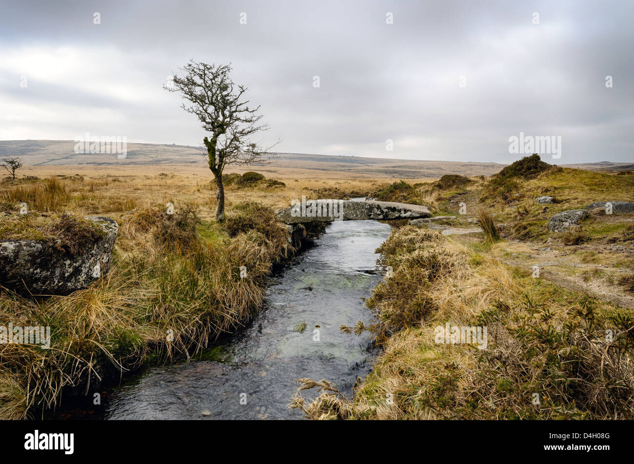 Un pont de palourdes (single clapper bridge) sur Walla Brook à Scorhill sur Dartmoor National Park Banque D'Images