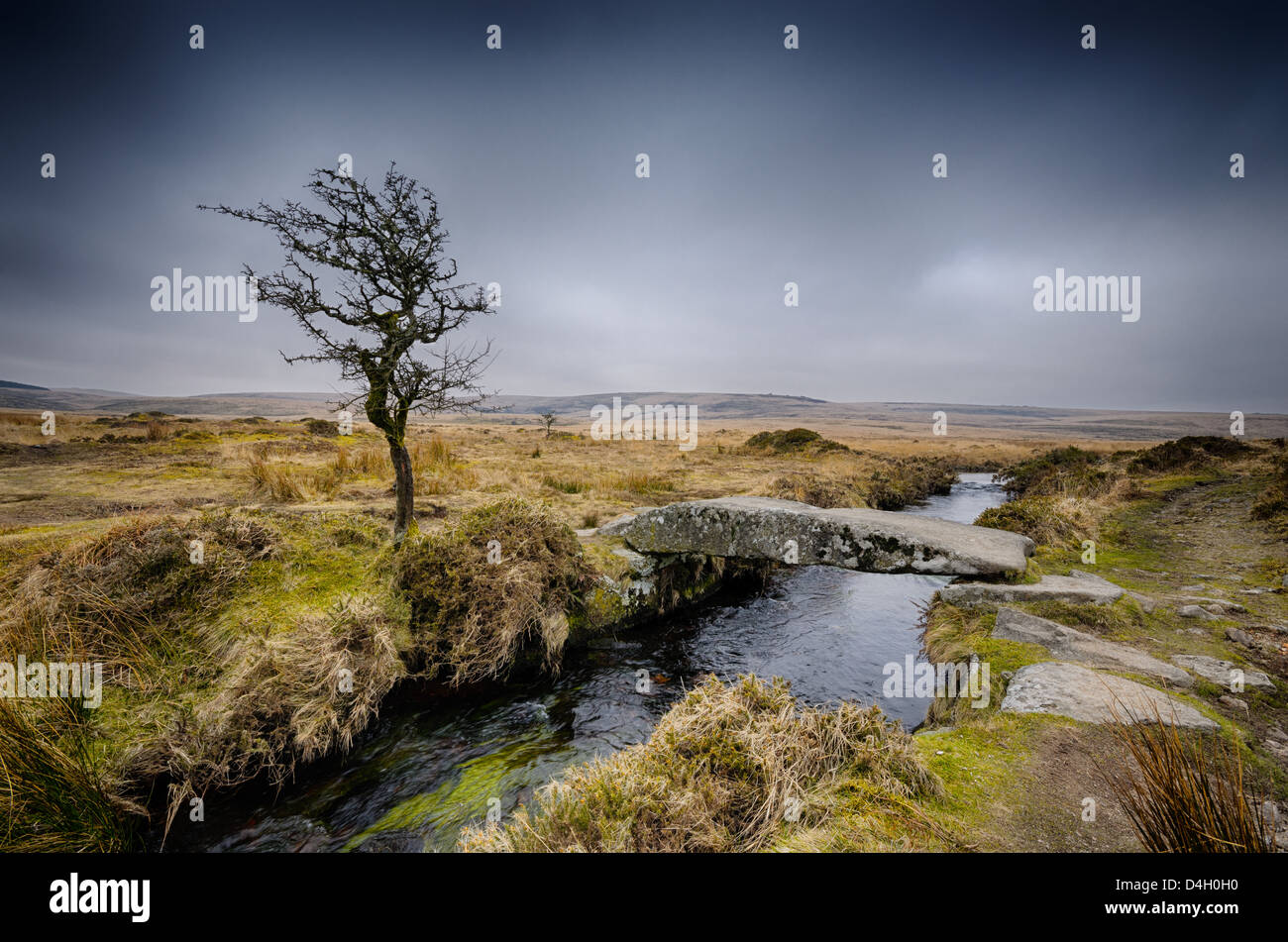 Un pont de palourdes (single clapper bridge) sur Walla Brook à Scorhill sur Dartmoor National Park Banque D'Images