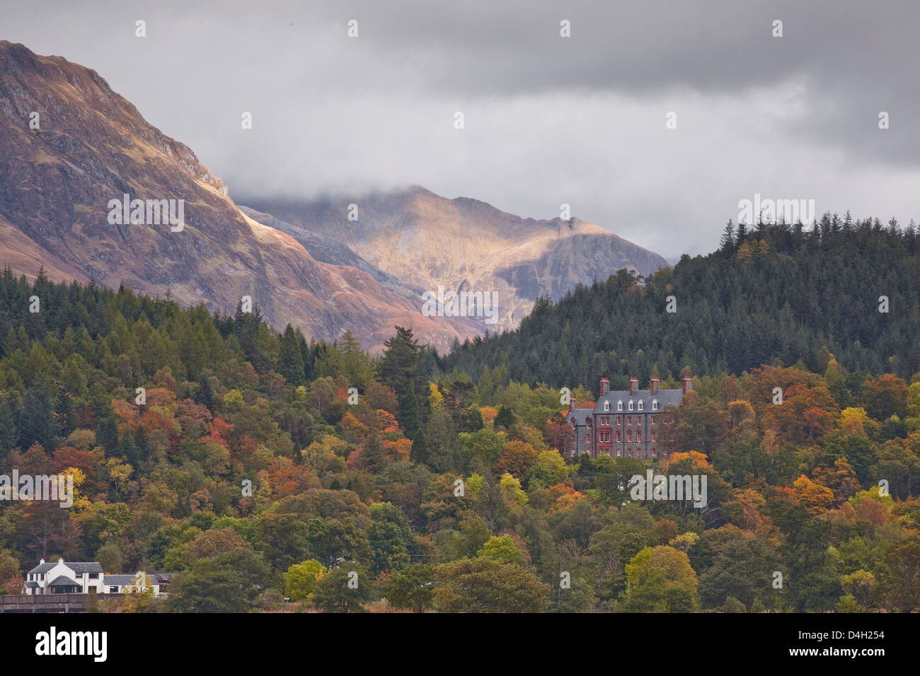 Maisons parsemées sur le flanc de la montagne dans la région de Glencoe, Highlands, Scotland, UK Banque D'Images