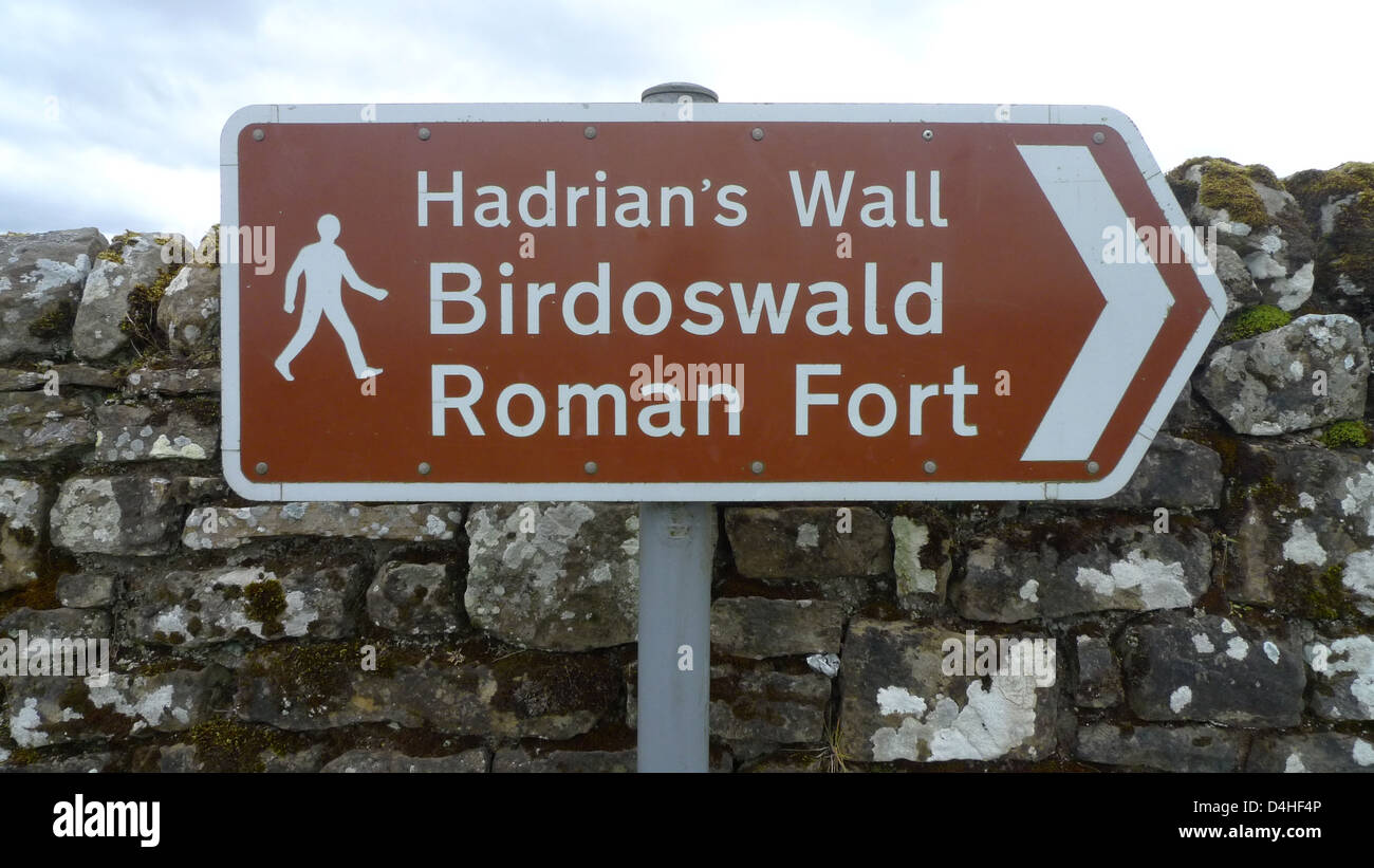Un signe pour mur d'Hadrien, Birdoswald Roman Fort. Banque D'Images