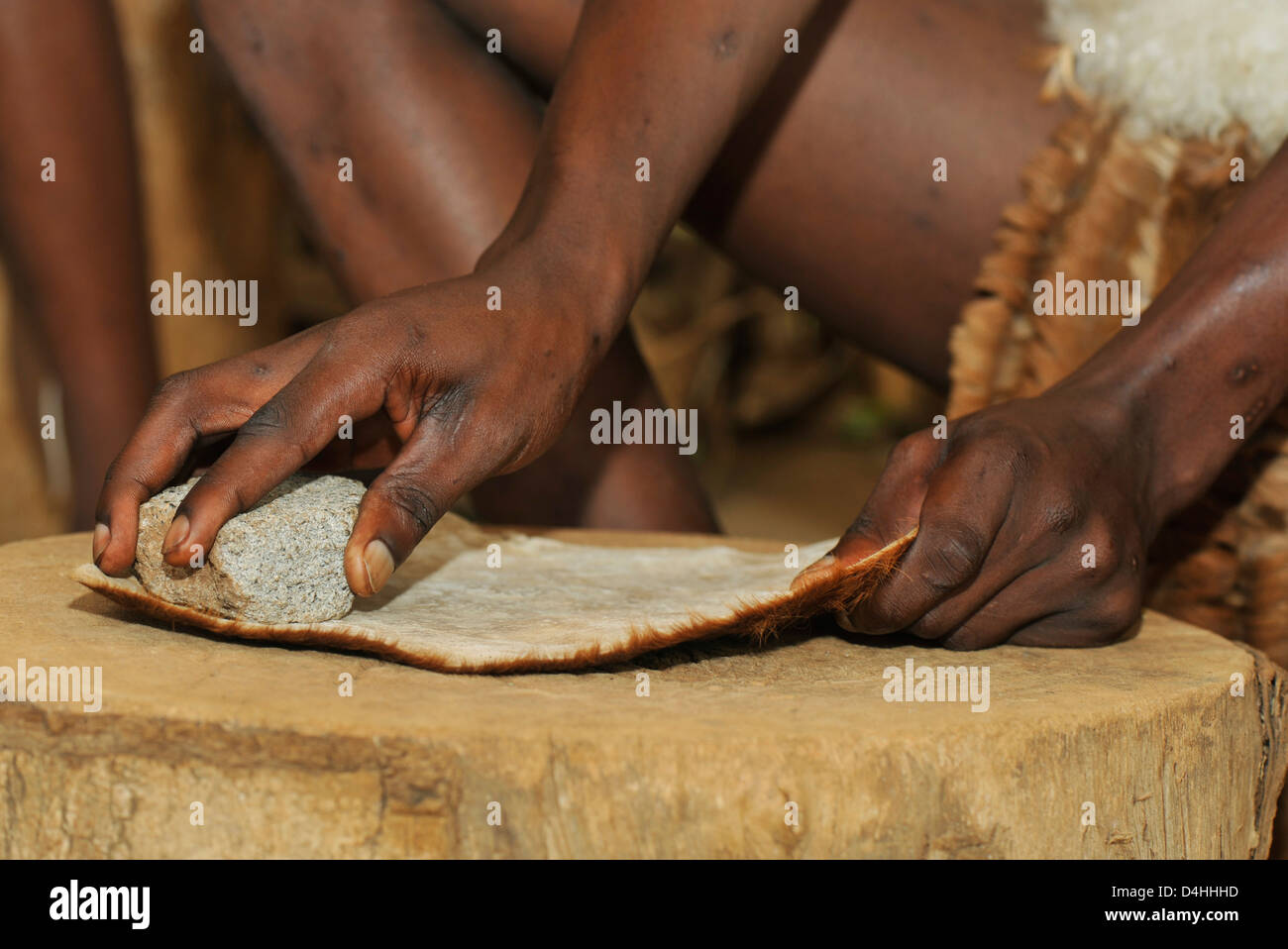 Eshowe, KwaZulu-Natal, Afrique du Sud, les mains, le tannage du cuir homme zoulou avec pierre, de faire la démonstration d'artisanat zoulou traditionnel de marchandises, Shakaland Banque D'Images