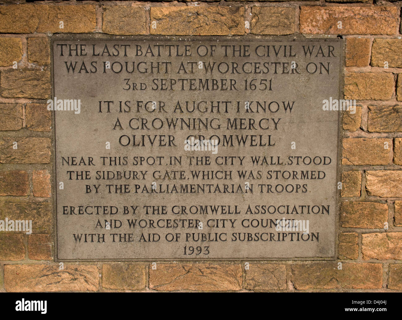 Oliver Cromwell Guerre civile 1651 Engloand Worcestershire Worcester plaque.UK Banque D'Images