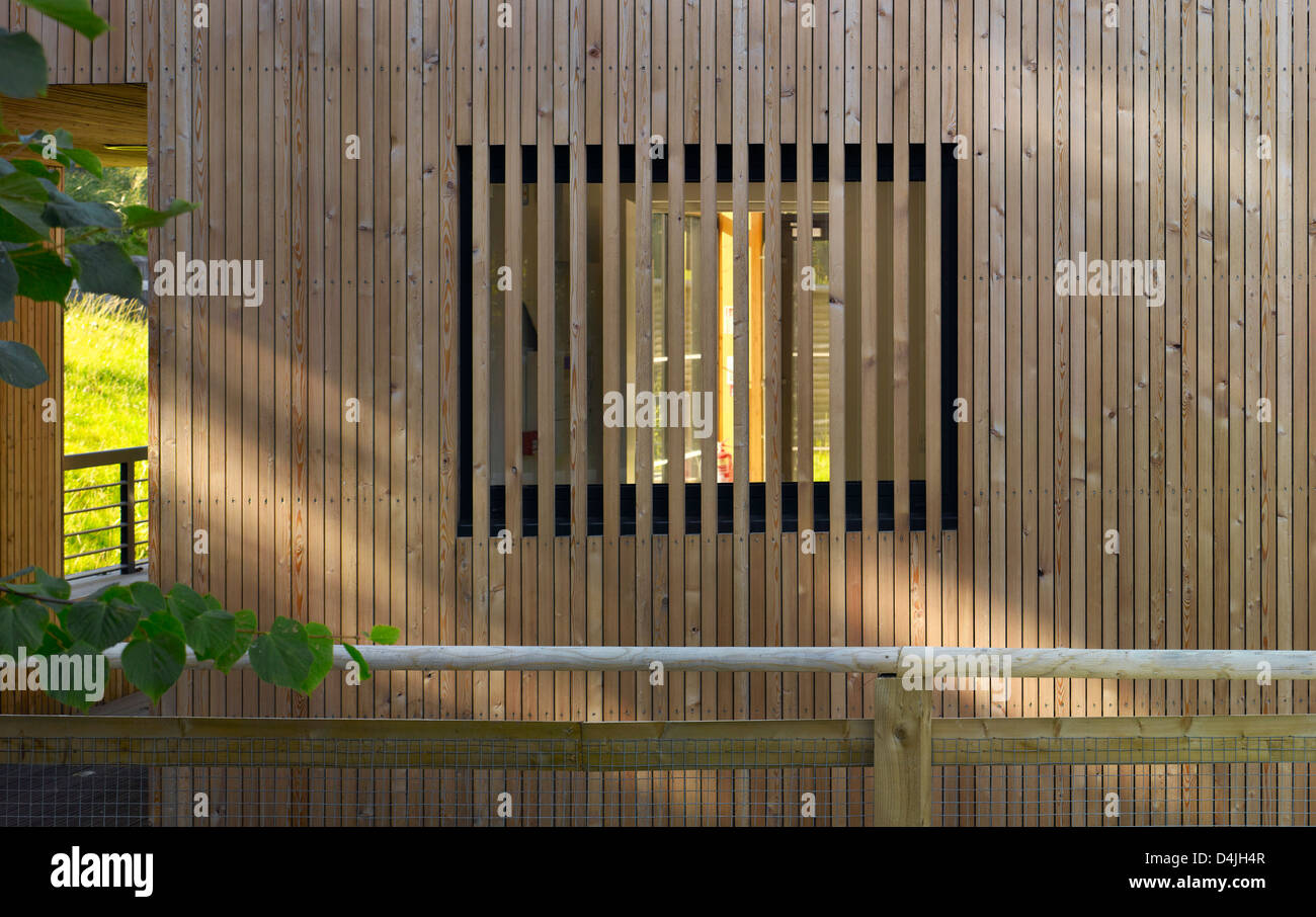 Pavillon Horniman, Londres, Royaume-Uni. Architecte : Walters et Cohen Ltd, 2012. Détail de bois de bardage. Banque D'Images