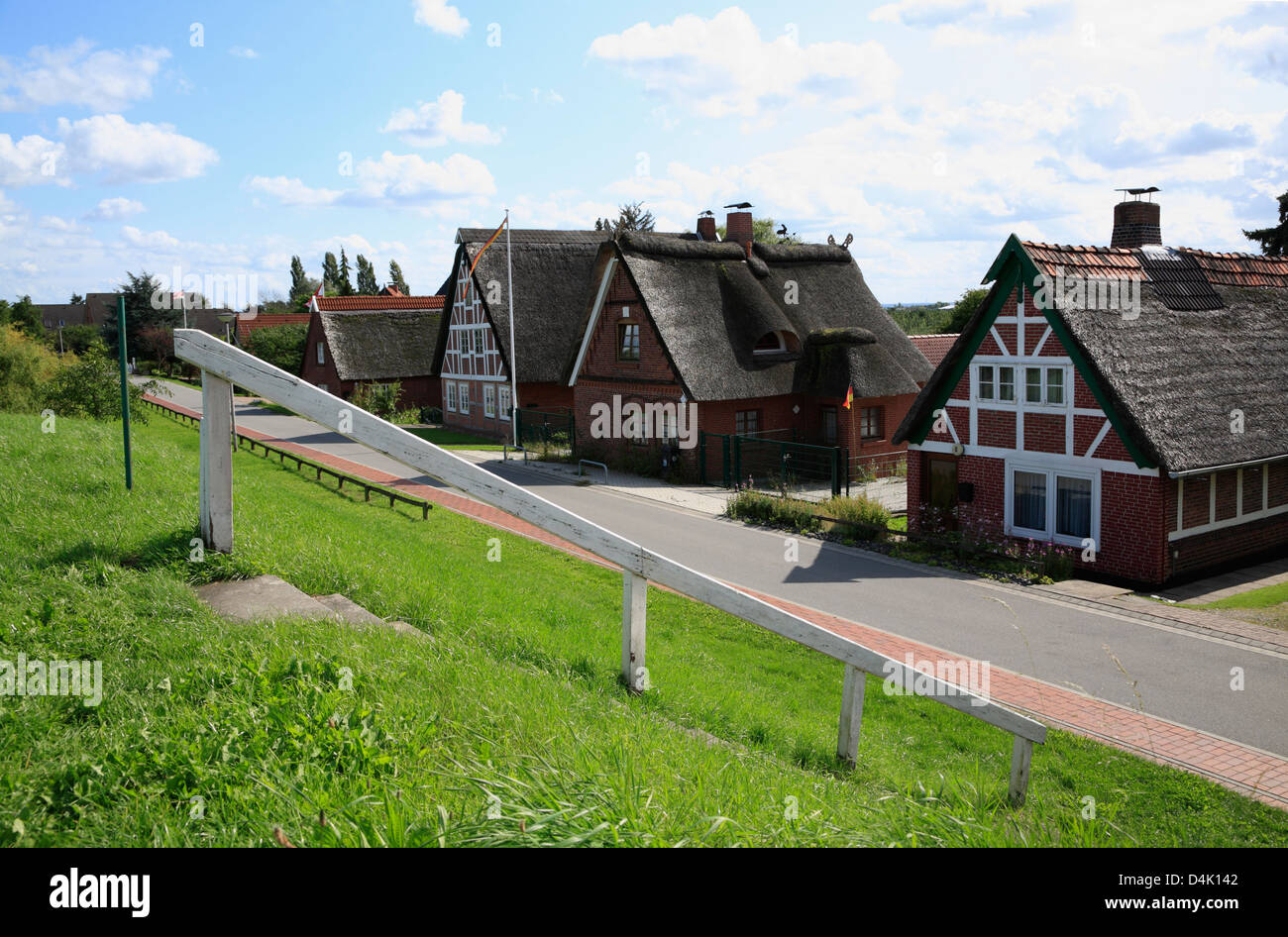 Altes Land, maisons à Elbe digue en Borstel, Basse-Saxe, Allemagne Banque D'Images