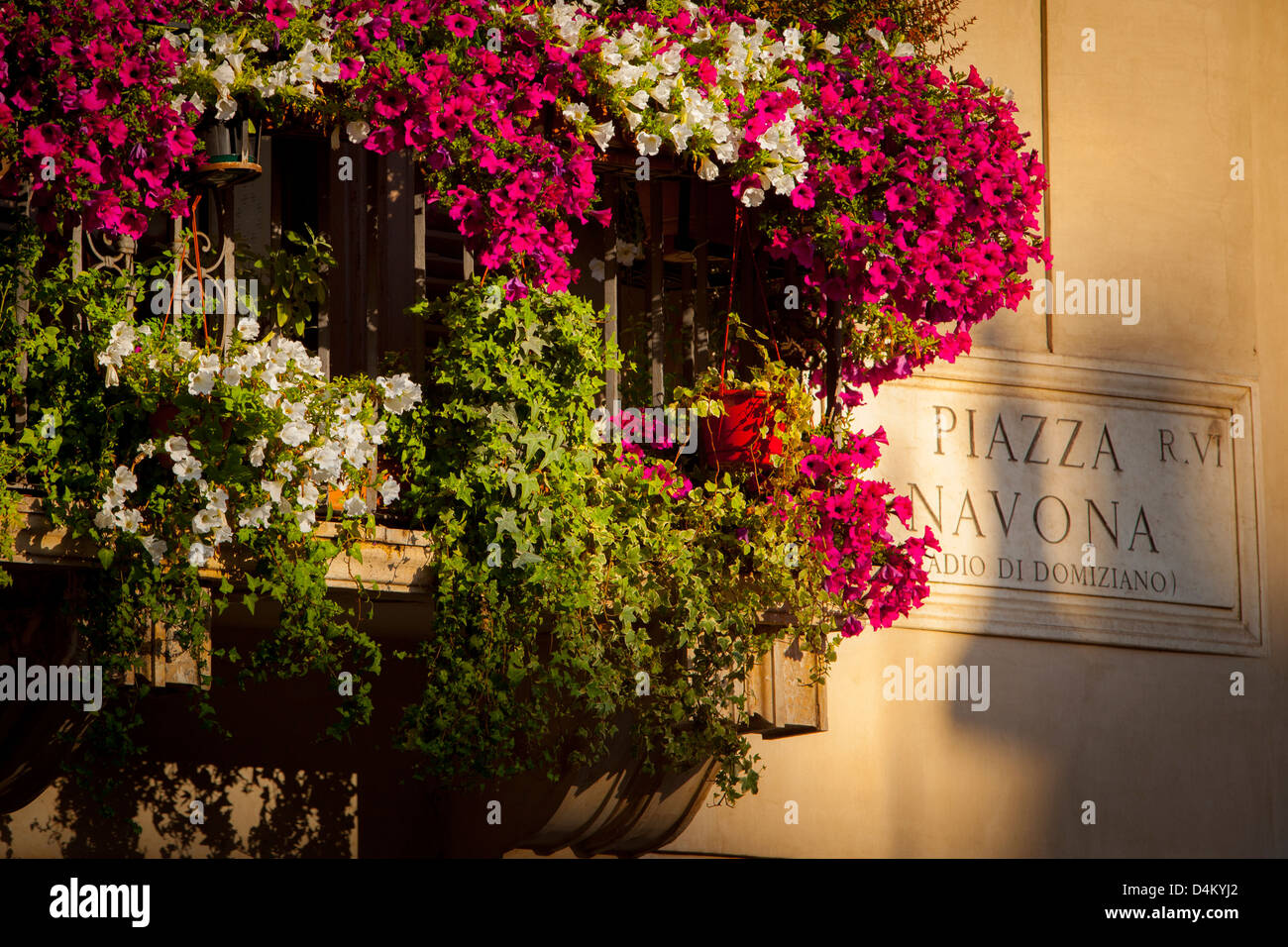 Tôt le matin la lumière jette des ombres sur balcon fleurs à Piazza Navona, Rome Lazio Italie Banque D'Images
