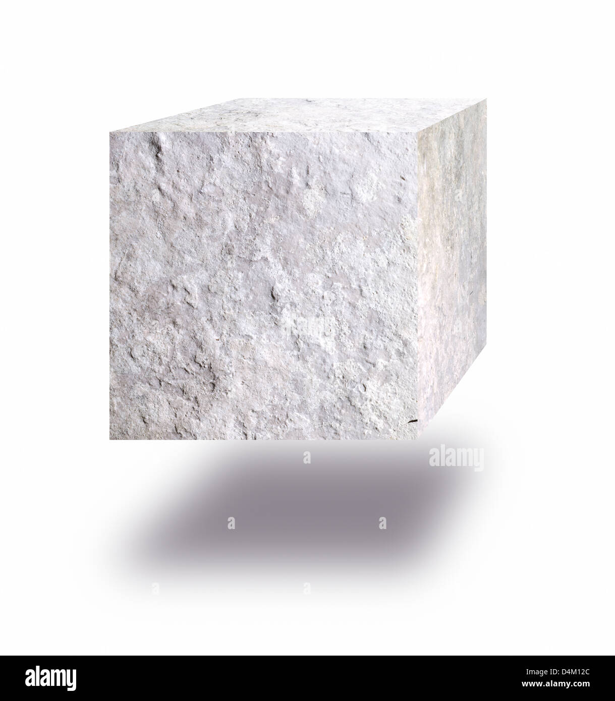Cube de pierre flottant dans l'air contre fond blanc Banque D'Images