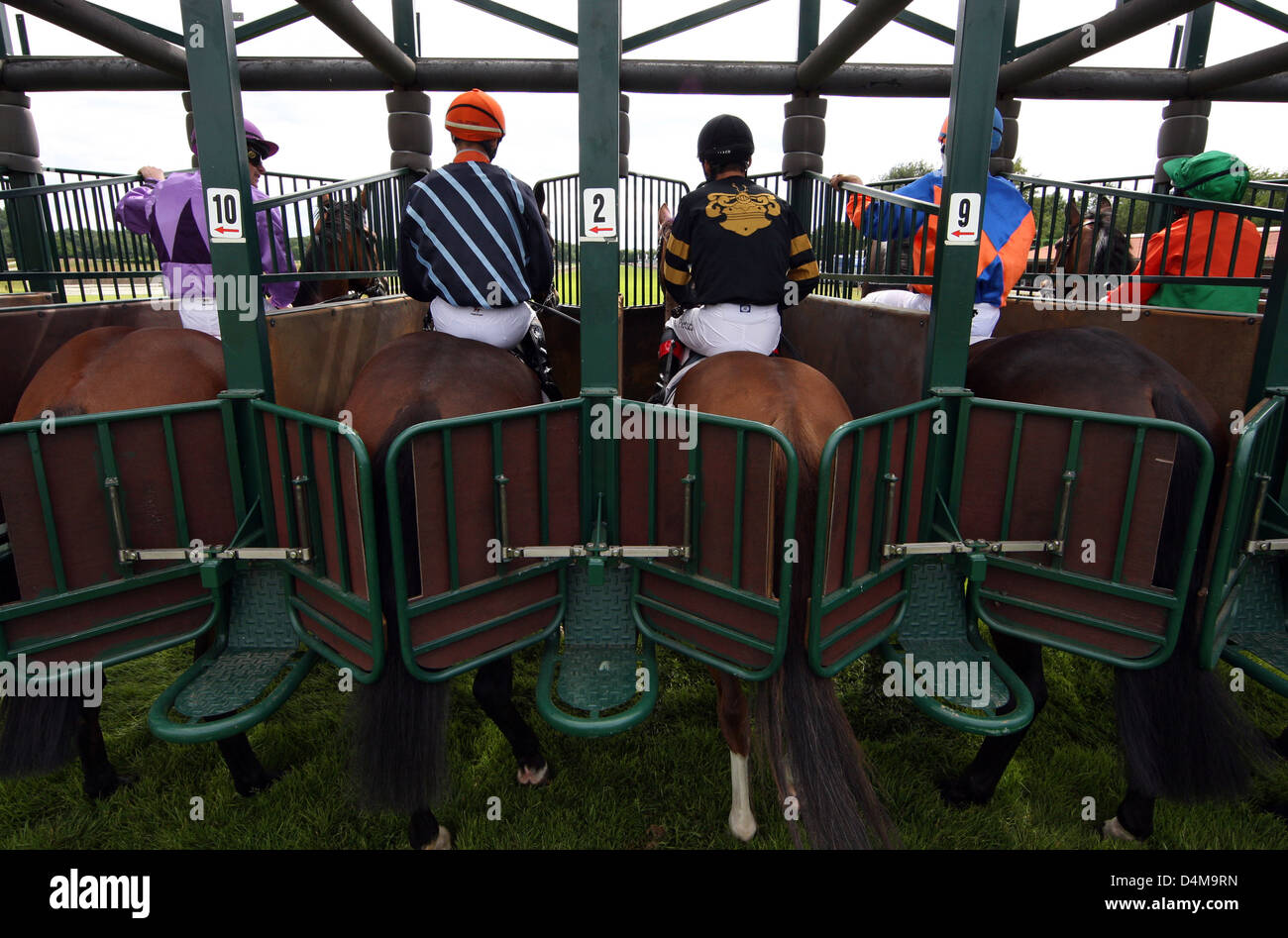 Hanovre, Allemagne, les chevaux et les jockeys en attente dans la ligne de départ pour la course Banque D'Images