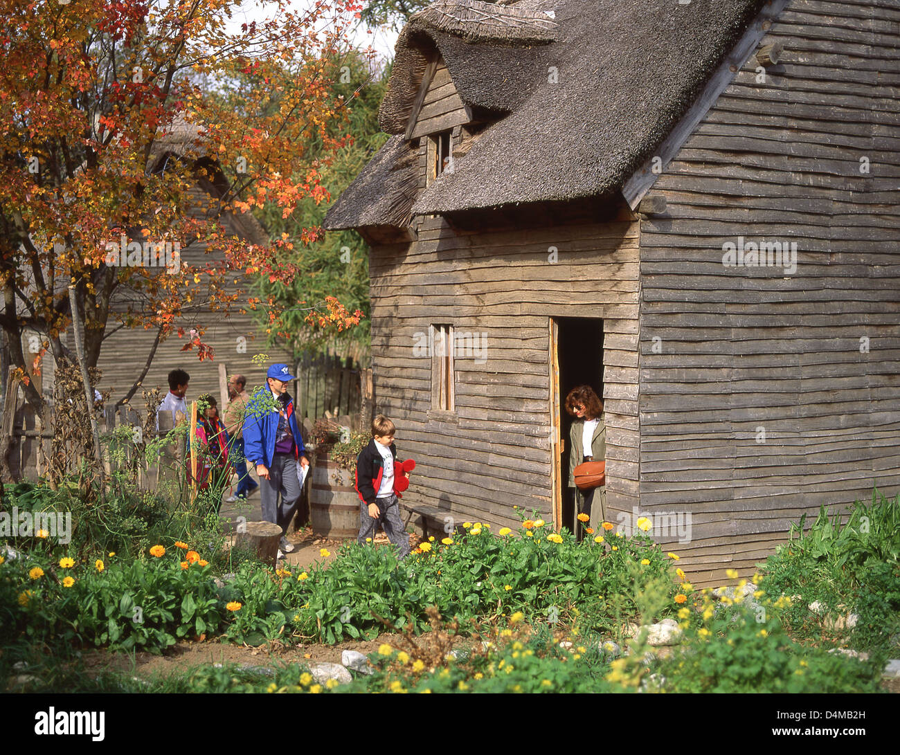 Pilgrim house en 1627, village anglais Plimoth Plantation, Plymouth, Massachusetts, États-Unis d'Amérique Banque D'Images
