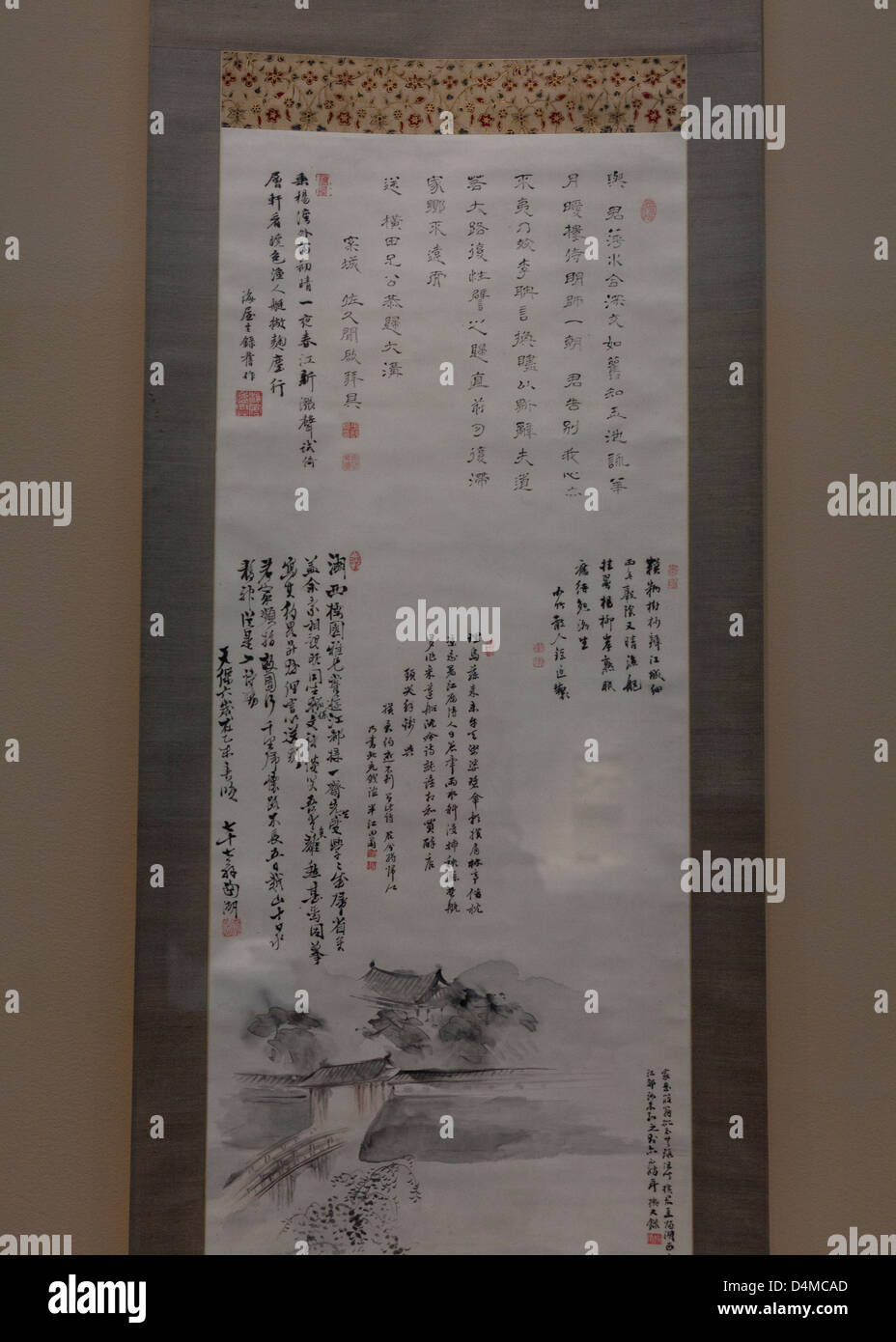 Période Edo Japanese hanging faites défiler le paysage et sur la calligraphie, 1835 Banque D'Images