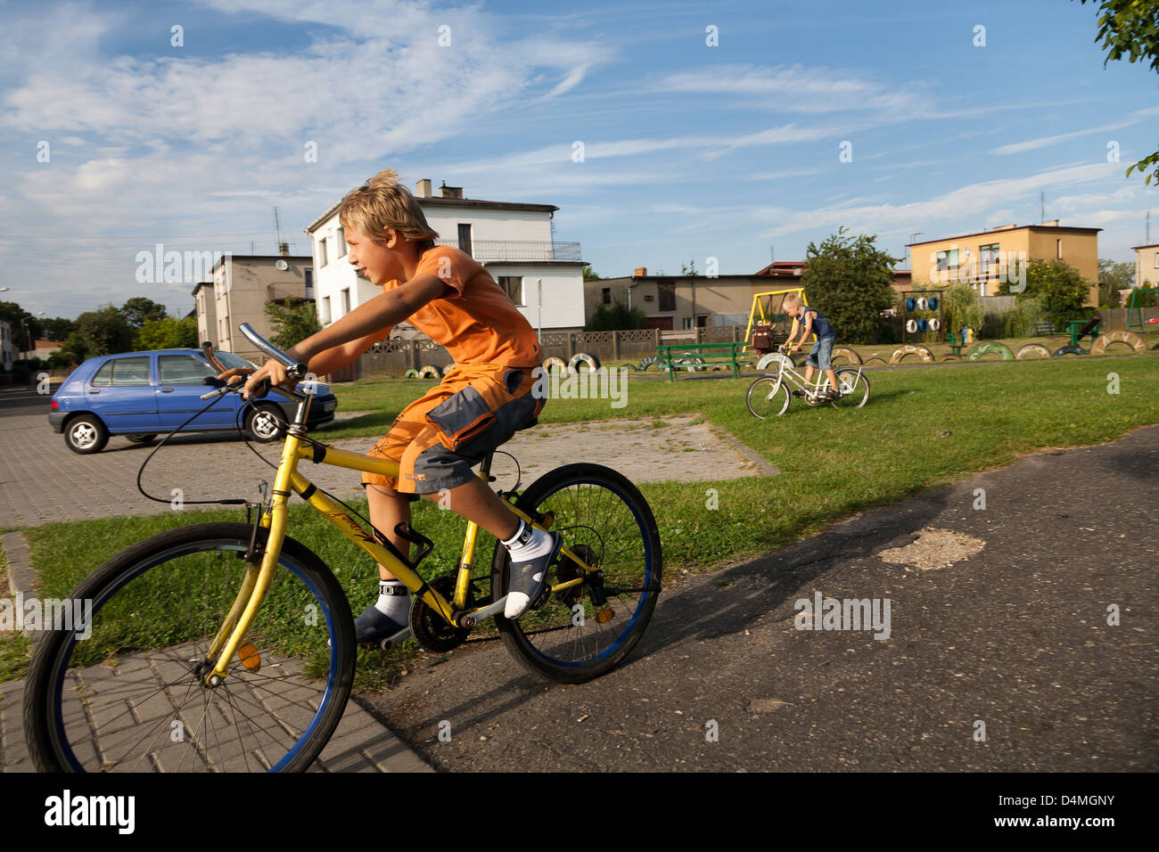 Będzin, Pologne, les gars en vélo Banque D'Images